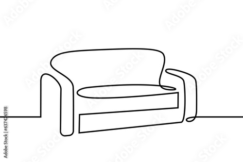 Sofa in continuous line art drawing style. Couch home furniture black linear design isolated on white background. Vector illustration