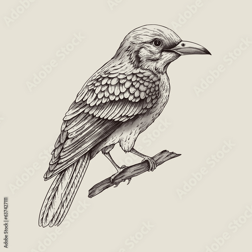Vintage monochrome tropical fantasy bird, isolated hand drawn birds