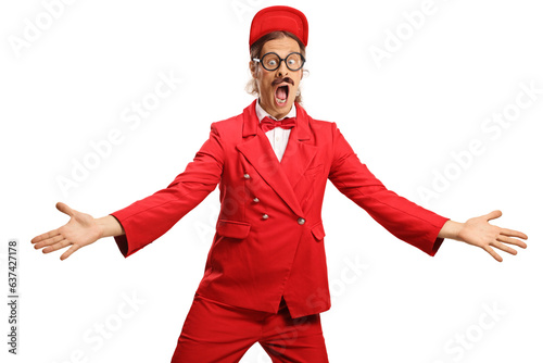 Entertainer in a red suit shouting