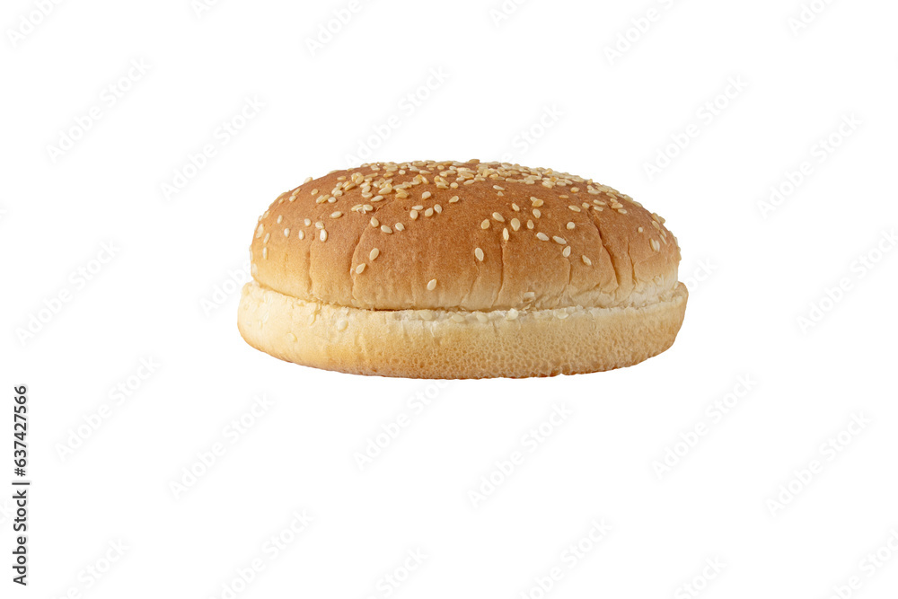 Sesame bun for burger side view isolated transparent png. Round bread topped with sesame seeds cut in half. Sesame bun for burger side view isolated transparent png. Round bread topped with sesame seeds cut in half.