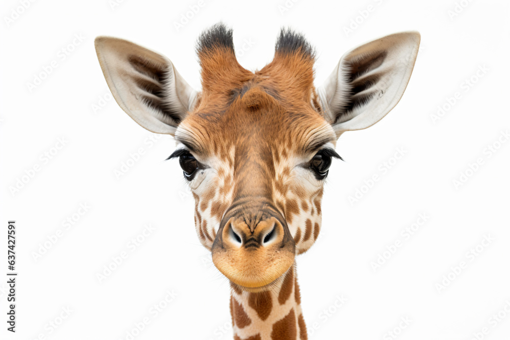 a giraffe with a very big nose and a white background