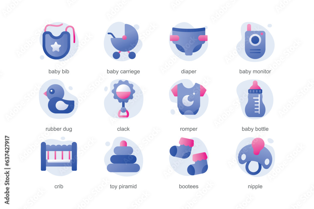 Fototapeta premium Baby icons in a flat cartoon design with blue colors. The picture shows all the attributes that a small child needs, such as toys, small clothes. Vector illustration.