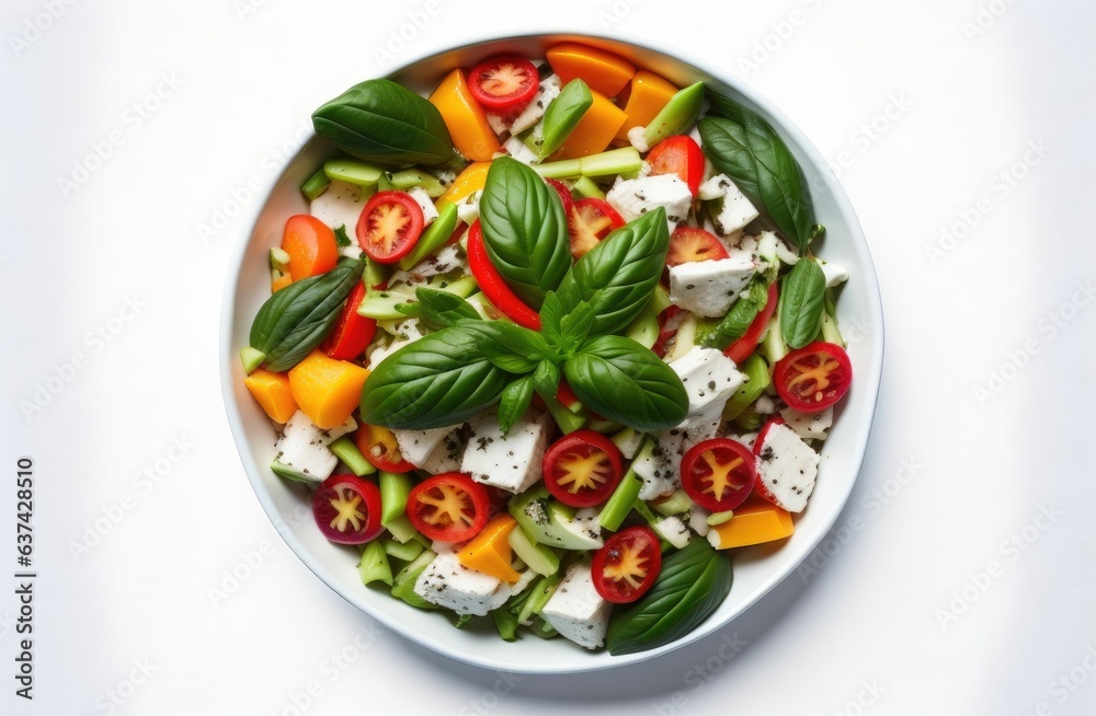 Delicious vegetable salad in a bowl on a white background top view 