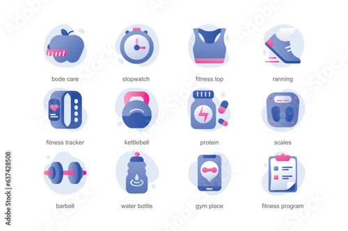 Fitness icons in a flat cartoon design with blue colors. A cartoon picture shows sports equipment and attributes that people need during fitness classes. Vector illustration.