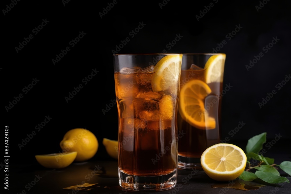 Two refreshing glasses of iced tea with slices of lemon and fresh mint leaves Two refreshing glasses of iced tea with slices of lemon and fresh mint leaves
