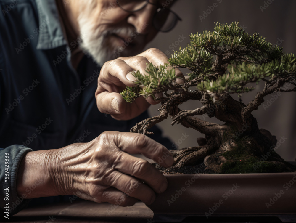 A pair of old hands carefully tending to a bonsai tree