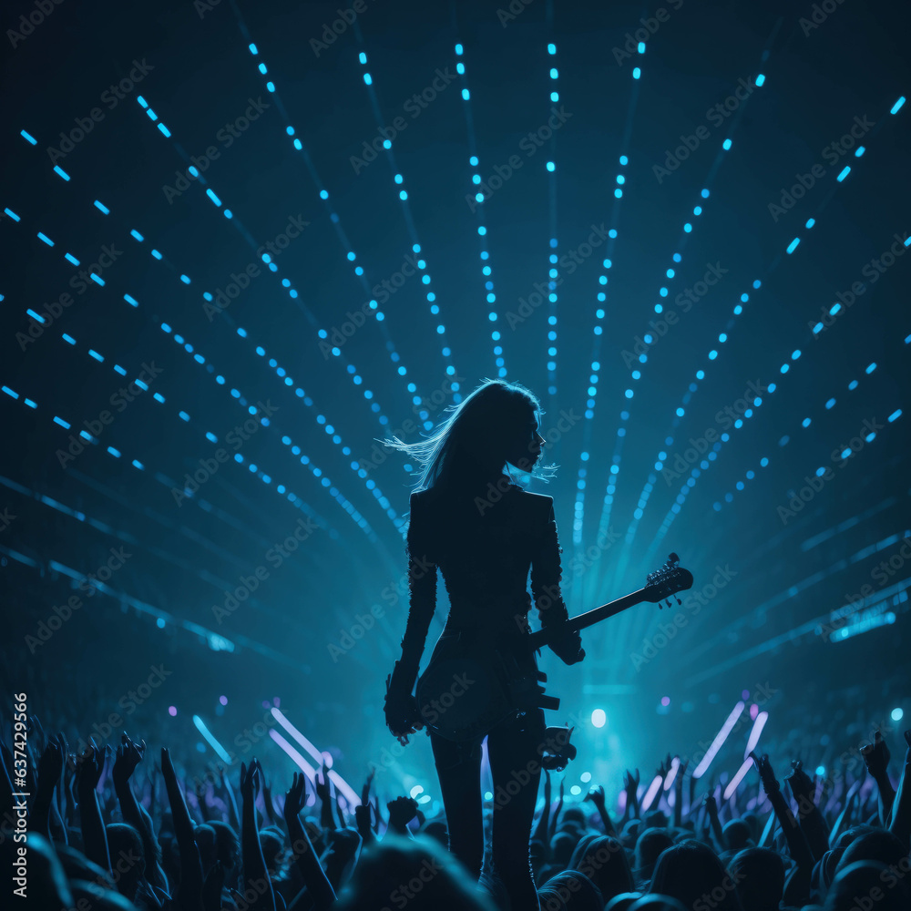 Naklejka premium Star Singer Silhouette Giving Music Concert Performance, Huge Crowded Stadium Arena Hall, Full Of Fans, Cheering Crowd, Neon Color Lights, Generative AI