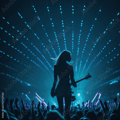 Star Singer Silhouette Giving Music Concert Performance, Huge Crowded Stadium Arena Hall, Full Of Fans, Cheering Crowd, Neon Color Lights, Generative AI