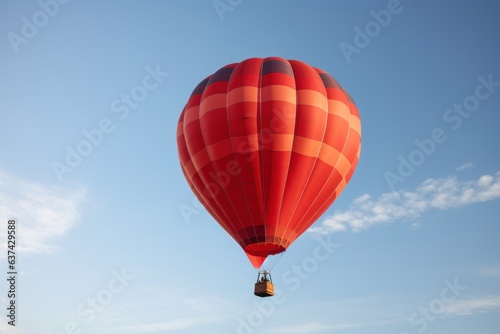 A vibrant red hot air balloon soaring through a clear blue sky