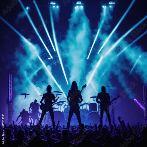 Rock Band Silhouette Music Concert Performance,  Huge Crowded Stadium Arena Hall, Full Of Fans, Cheering Crowd, Neon Color Lights, Generative AI © Phoenix_Renders
