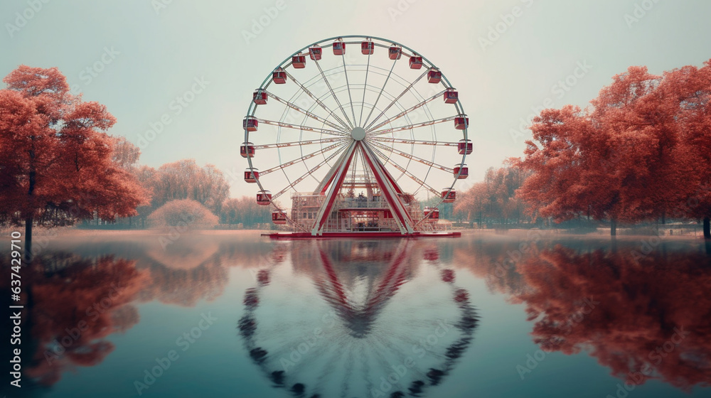 Fototapeta premium a big ferris wheel with trees and a lake, in the style of white and red