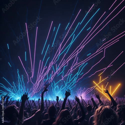 Beach Party, Live Concert Performence, Festival,  Night Club Party,  Cheering Crowd, Lots of People Silhouette, Neon Color Lights Lasers and Smoke, Generative AI photo