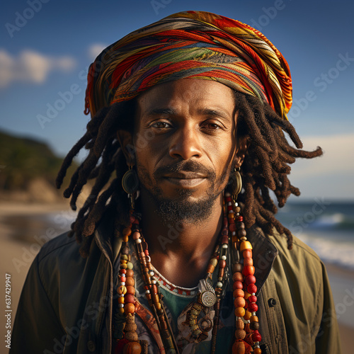 Jamaica man  dreadlocks and colorful cap on beach  Ai generated