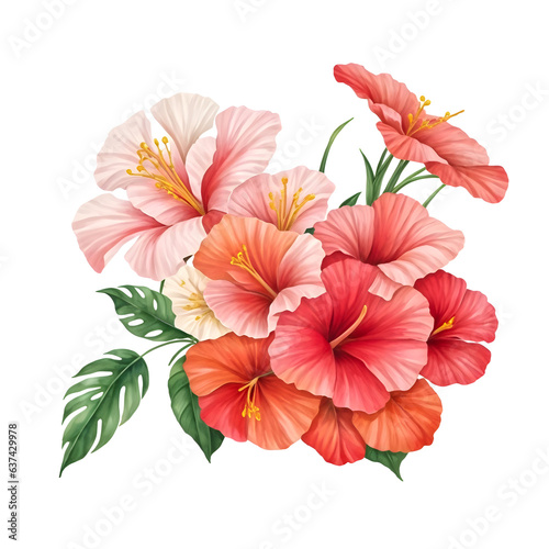 Watercolor set of pink and red hibiscus flowers on transparent background