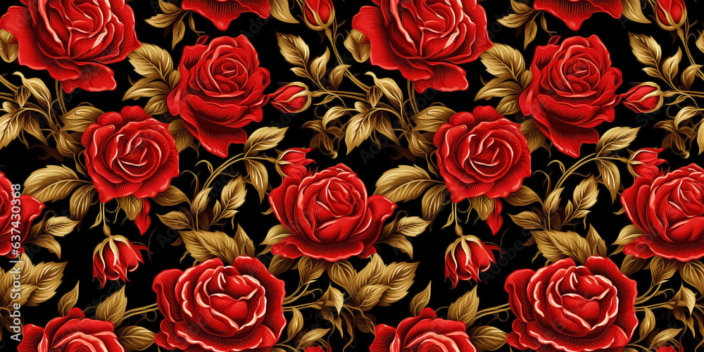 Gilded red roses seamless pattern on dark baroque style fabrics. Concept: Ornamental florals on vintage backdrops Gilded red roses seamless pattern on dark baroque style fabrics. Concept: Ornamental florals on vintage backdrops