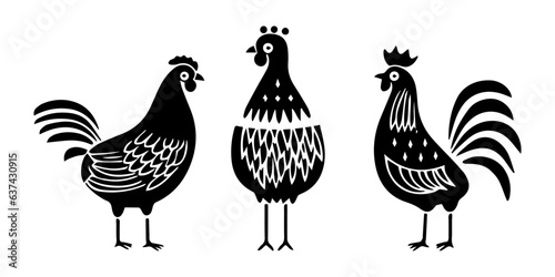 Chicken linocut vector illustration. Pattern for linocut, embroidery, crafts. Hen.