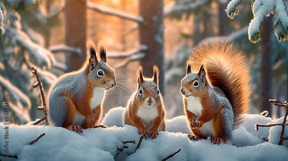 Fluffy squirrels in a fabulous winter forest. Fluffy squirrels in a fabulous winter forest.