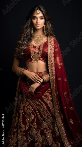 A beautiful Indian woman in Lehenga red dress.