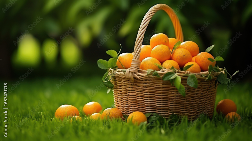 Orange on the basket on the wooden, green grass background