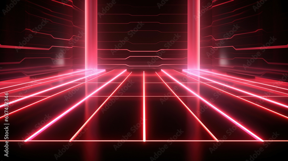 Red neon lights in a dark room.Generative Ai