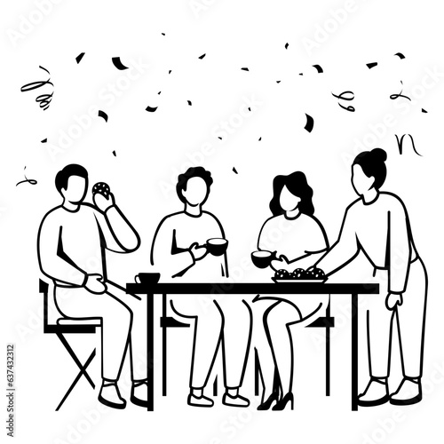 Office team members are sitting at cafe and busy in gossips concept vector icon design, Awards and incentives symbol, Employee benefits and engagement sign, Recognition and Appreciation scene stock