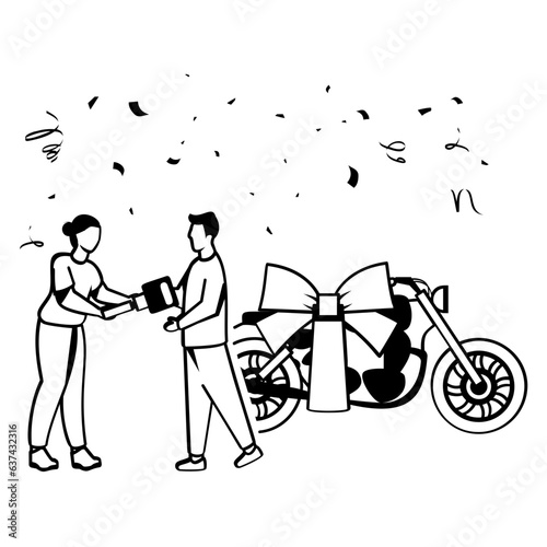 hr manager handover motorbike to lady concept vector icon design, Awards and incentives symbol, Employee benefits and engagement sign, Recognition and Appreciation scene stock illustration