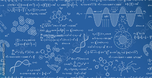 Seamless mathematical formula about scientific discovery on blue chalkboard.