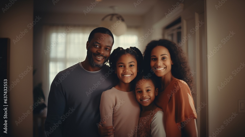 Portrait of happy African American family time. The Parents relaxing with their kids in the warmly home. Wide angle photo. Portrait of happy African American family time. The Parents relaxing with their kids in the warmly home. Wide angle photo.