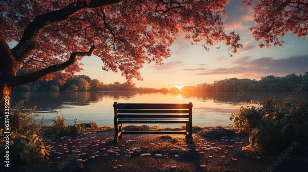 Bench on the bank of the lake at sunset