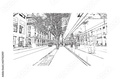 Building view with landmark of Regina is the city in Canada.Hand drawn sketch illustration in vector.