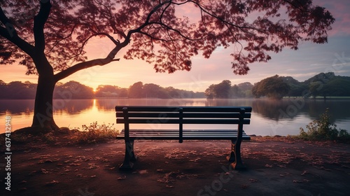 Bench on the lake at sunrise in the morning. Nature background.