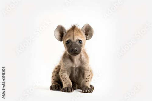 a hyena sitting down on a white surface