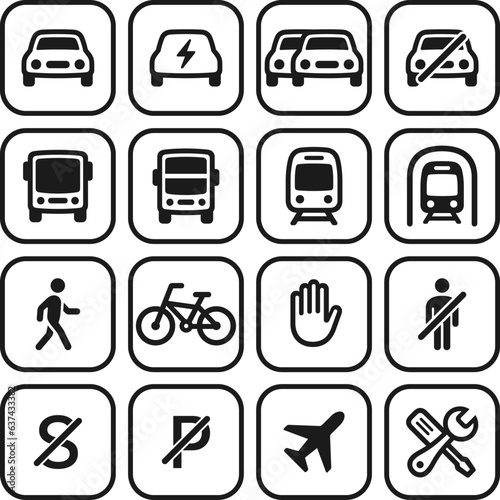 traffic and transportation icons set. vector icon set of traffic and transportation with black square in outline and thin line design. traffic icons. transportation logos 