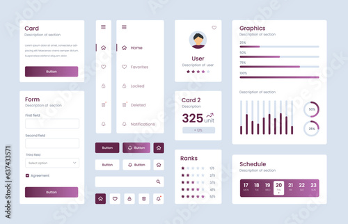 Light Collection of gradient ui ux elements. Ux dashboard user panel template. User interface, experience. UI elements to book the app.