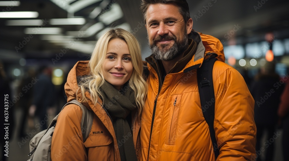 A couple in an airport terminal clutching bags together.