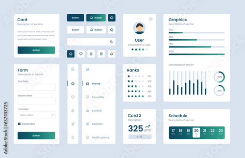 Light Collection of gradient ui ux elements. Ux dashboard user panel template. User interface, experience. UI elements to book the app.