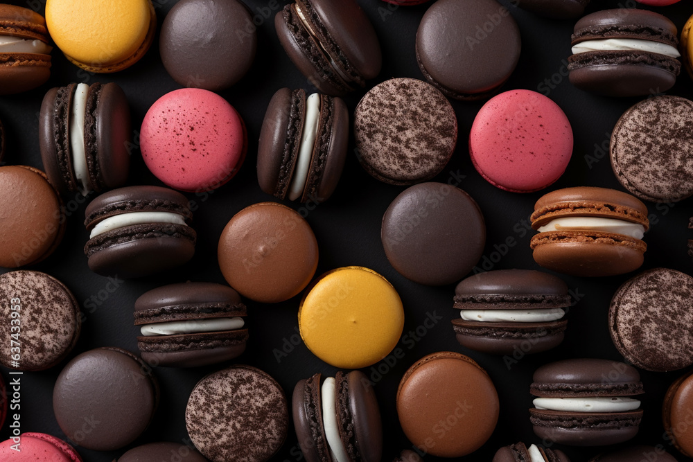 delicious dark color macarons pattern, flat lay