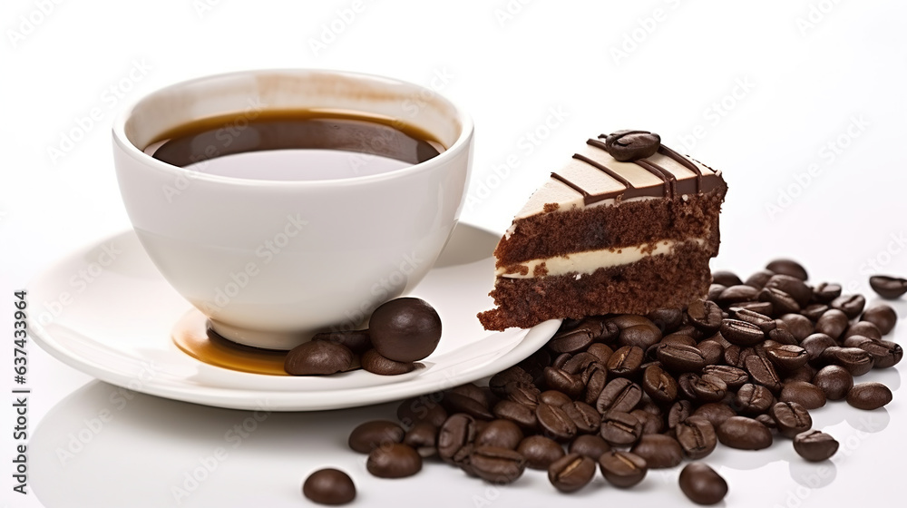 Coffee beans, Coffee cup and chocolate dessert isolated on white Coffee beans, Coffee cup and chocolate dessert isolated on white