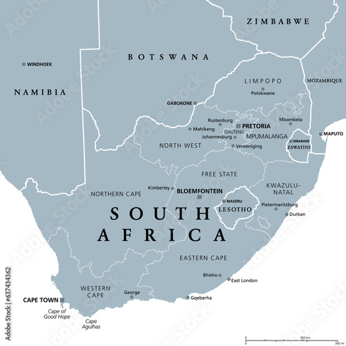 South Africa, gray political map with nine provinces, with largest cities, and borders. Republic and southernmost country in Africa, with the three capitals Pretoria, Cape Town and Bloemfontein.