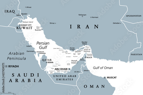 Persian Gulf region, gray political map. Also the Arabian Gulf, a mediterranean Sea in West Asia, located between Iran and Arabian Peninsula, connected to Gulf of Oman in the east by Strait of Hormuz.