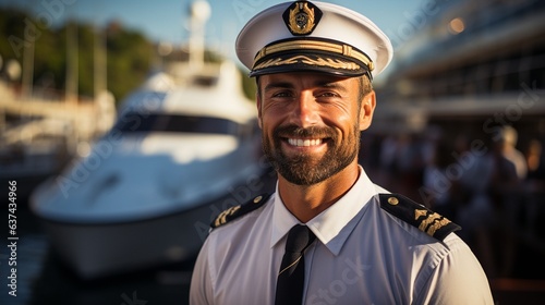 standing in front of a luxurious yacht is a self-assured captain..