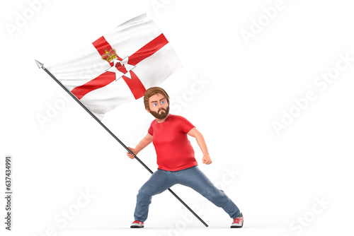 Man proudly holding flag of Northern Ireland. Isolated on white background. 3D Rendering