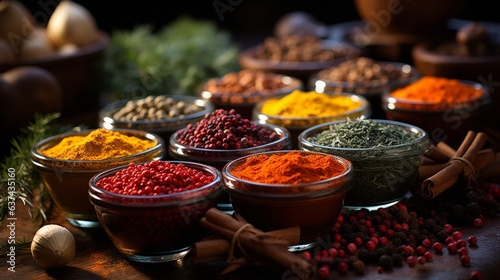 Fototapeta Naklejka Na Ścianę i Meble -  various seasonings in cups. on the table, a background of spices.