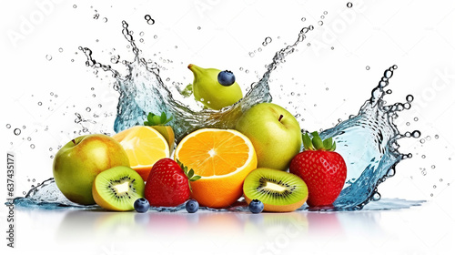 Fruit Mix Dancing Amidst a White Water Splash, white background