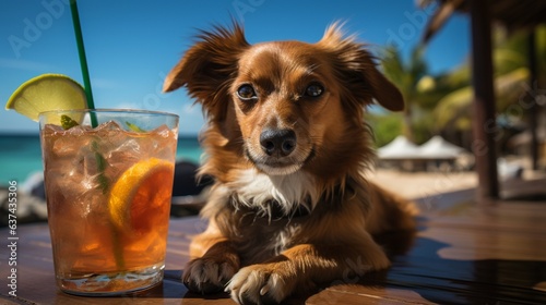 Funny dog enjoying a drink on the sand.