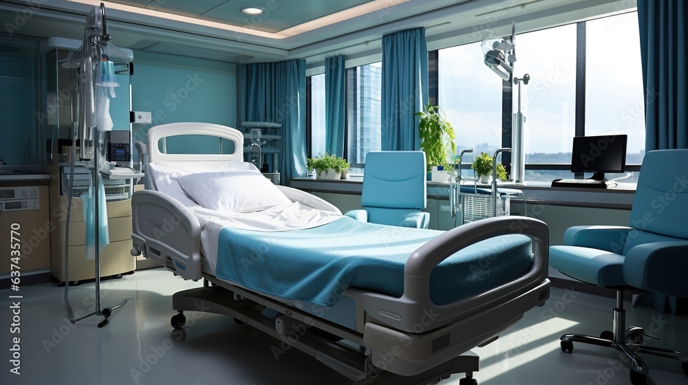 Generative AI, Recovery room with comfortable bed, medical interior, empty hospital room. Generative AI, Recovery room with comfortable bed, medical interior, empty hospital room.
