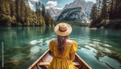 A Young Woman Enjoying a Canoe Ride on Lake Bohinj during a Beautiful Summer Day, with the Majestic Alps Mountains as the Picturesque Backdrop © wiizii