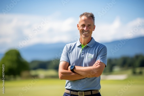 Portrait of smiling mature man standing with arms crossed on golf course