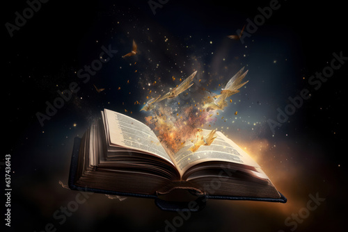 An open book bathed in a warm, inviting light invites readers to dive into the worlds of imagination and learning. Perfect for educational or literary themes. AI Generative.
