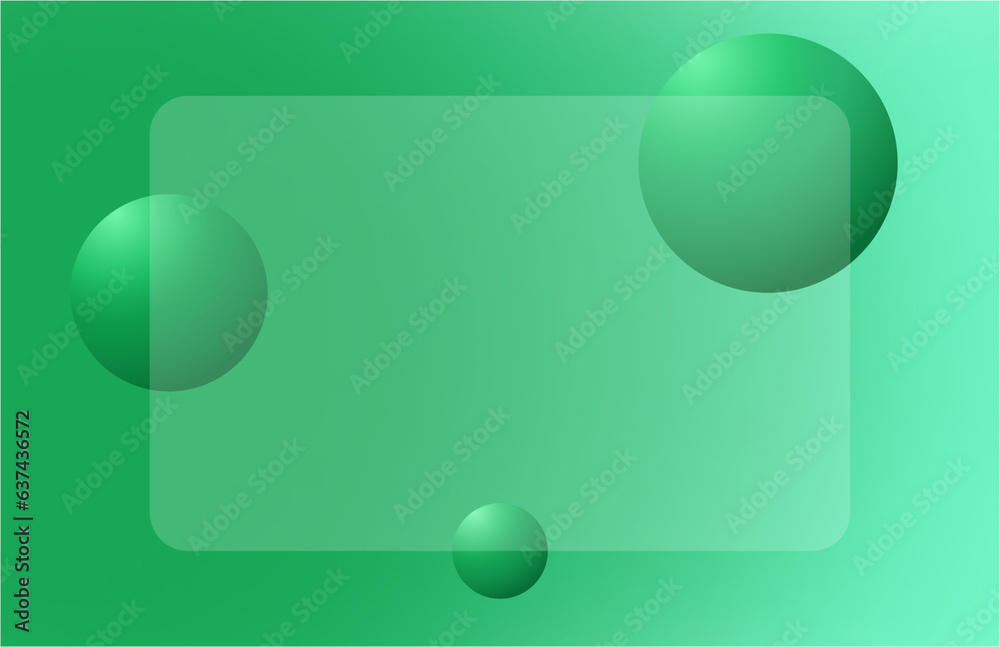 Glassmorphism banner design, realistic glassmorphism effect with a set of 3D balls. Glassmorphism design in a green gradient background.